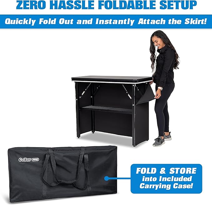 GoBar PRO Commercial Grade Portable Bar Table - Mobile Bartender Station for Events - Includes Black Skirt and Carry Case - Standard or LED, Pack 1