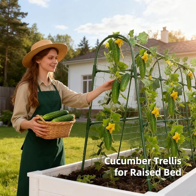 Cucumber Trellis for Raised Bed, U-Shape Garden Arch Metal Support for Climbing Plants, Metal Arch Plant Support Vegetables Trellis, Plant Support for Vine(Green, 63 * 30 * 47inch(L*W*H))