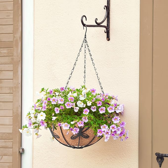 Hanging Baskets Planter for Plants, 2 Pack 14 Inch Round Metal Wire Hanging Flower Pots with Coco Coir Liner Chain, Plant Holder for Home Garden Balcony Decor