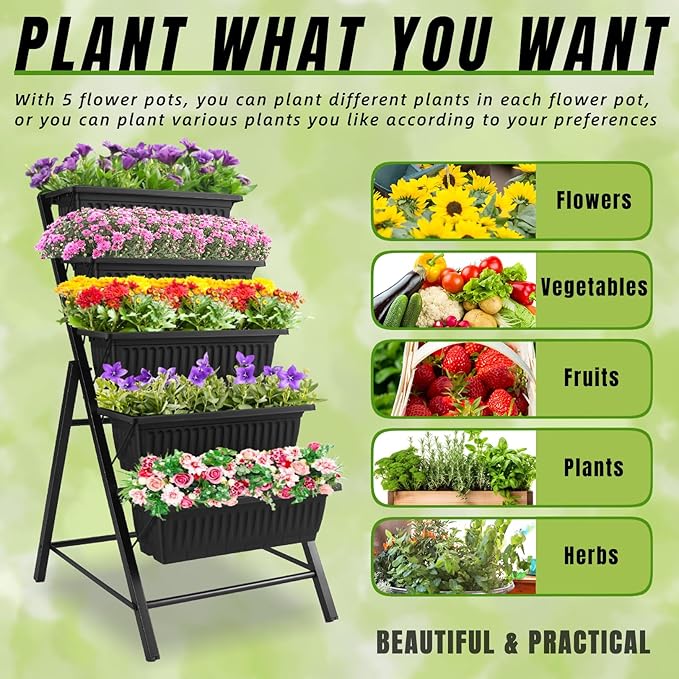 Homdox 3.74FT Vertical Garden Bed, 5 Tiers Vertical Raised Garden Planter, 23 * 26 * 45Inch Outdoor Garden Raised Bed with 4 Hooks, Vegetable Flower Planter Raised Stand for Garden Patio Yard, Black
