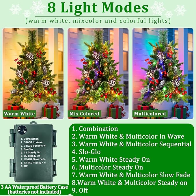 2 Pack Outdoor Christmas Tree Urn Fillers with 8 Modes Timer, 40 Warm & Colorful Change Lights, Pinecones Red Berries Decorations, Battery Operated for Holiday Planters Yard Porch Pathway Xmas Decor