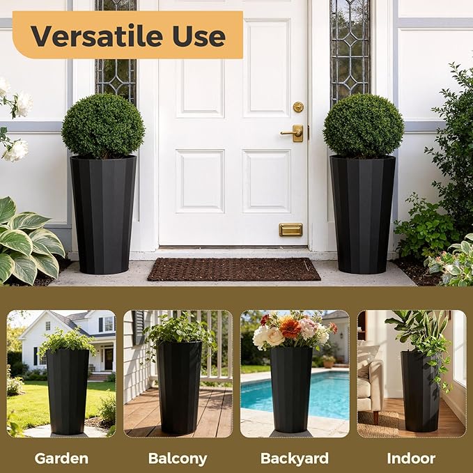 23.6" H Tall Planters for Outdoor Plants, 2 Pack Large Outdoor Planters for Porch Decor with Automatic Drainage Hole, Plastic Stripe Design Flower Pots Fits Indoor Plants Patio Garden, Black