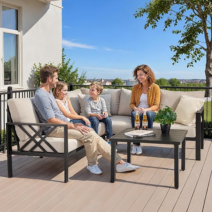 Patio Furniture Set, 6-piece Metal Sectional Furniture Sofa with Coffee Table, L Shaped Outdoor Couch with Olefin Cushion, Highback Frame, Outdoor Patio Conversation Sets for Balcony Backyard, Beige