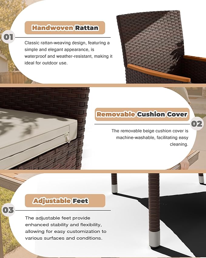Flamaker 7 Piece Patio Dining Set Outdoor Acacia Wood Table and Chairs with Soft Cushions Wicker Patio Furniture for Deck, Backyard, Garden (Brown)