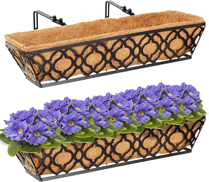 HFHOME 24 Inch Window Deck with Coco Liner, 24" Window Boxes Horse Trough with Coconut Coir Liner, Black Metal Hanging Flower Planter Basket Railing Planter for Outdoor Indoor Lawn - 2 Pack