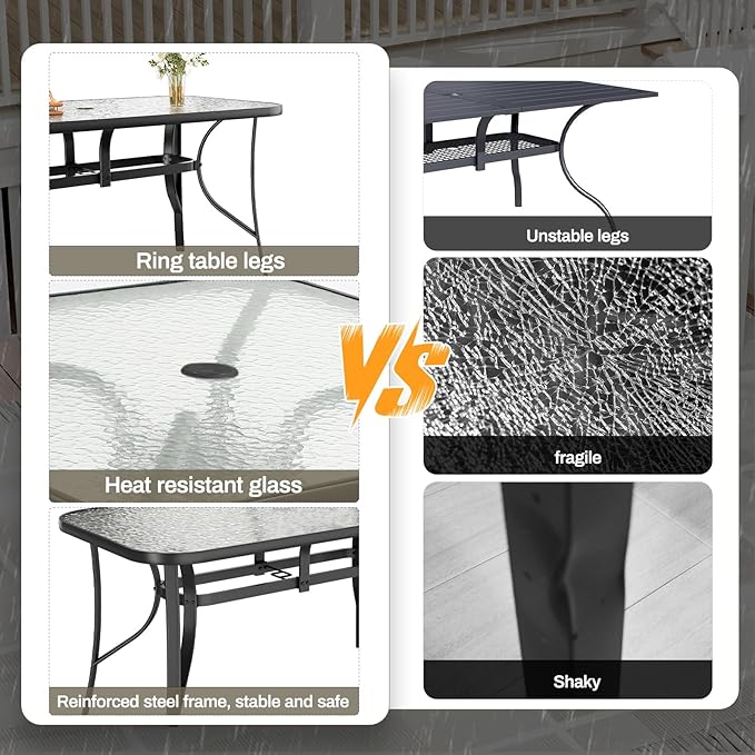 TLSUNNY Patio Outdoor Table W/ 1.69″ Umbrella Hole, 30"X 55" Rectangular Tempered Glass Patio Dining Table for 6, Outdoor Metal Furniture, All-Weather Use, for Patio, Graden, Backyard (Black)