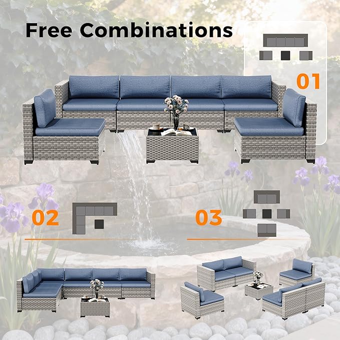 6-Seat Modular Patio Furniture Set – Outdoor Wicker Sectional Sofa with Thick 4″ Cushions, Dual-Strand PE Rattan, Rust-Resistant 18 mm Steel Frame, Backyard Garden Deck Lounge,Navy