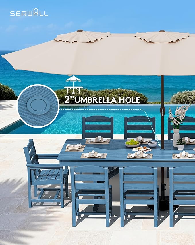 SERWALL 11 Piece Outdoor Dining Set, 84" HDPE Outdoor Table and Chairs for 10，All Weather Patio Furniture Set with Umbrella Hole for Backyard, Garden, Blue