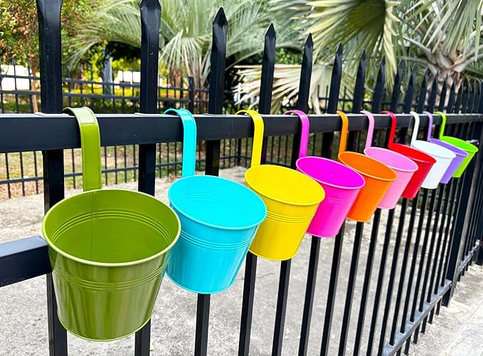 6 Inch Hanging Planters for Outdoor Plants, 10 Pack Metal Railing Planter, Rail Balcony Fence Flower Pot with Detachable Hooks, Colorful Garden Decor