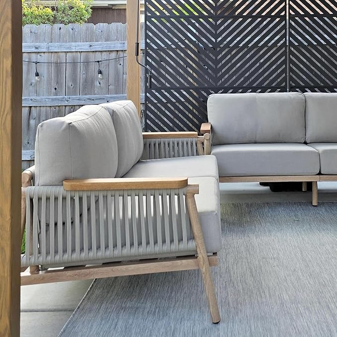 Acanva Modern All-Weather Aluminum Outdoor Patio Sofa with Thick Cushions, Olefin Fabric Sunroom Backyard Furniture, Loveseat Light Khaki