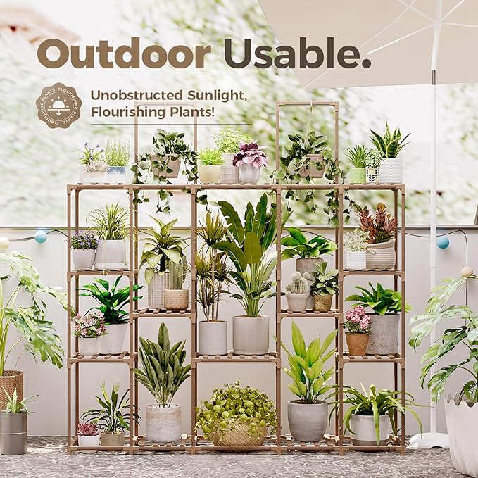 Bamworld Large Plant Shelf Plant Stand Indoor 62.2" Tall Outdoor Plant Holder Wood for Multiple Plants Hanging Plant Rack for Living Room Garden Balcony