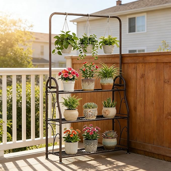 SORCEDAS Plant Stand Indoor Outdoor 3 Tier Tall Corner Hanging Shelf Metal Flower Stands Ladder Holder for Living Room Balcony Garden Patio Multiple Plants, Bronze