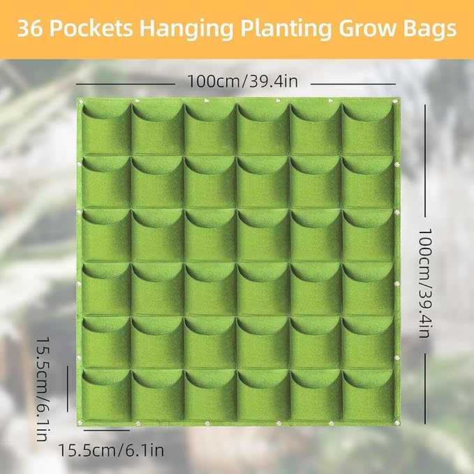 Hanging Planting Grow Bags, 36 Pockets Hanging Vertical Wall Planter Wall Mounted Grow Bag Outdoor Indoor Gardening Vertical Greening Flower Container, Planting Bags Storage Bags(1.0 m × 1.0 m, Green)