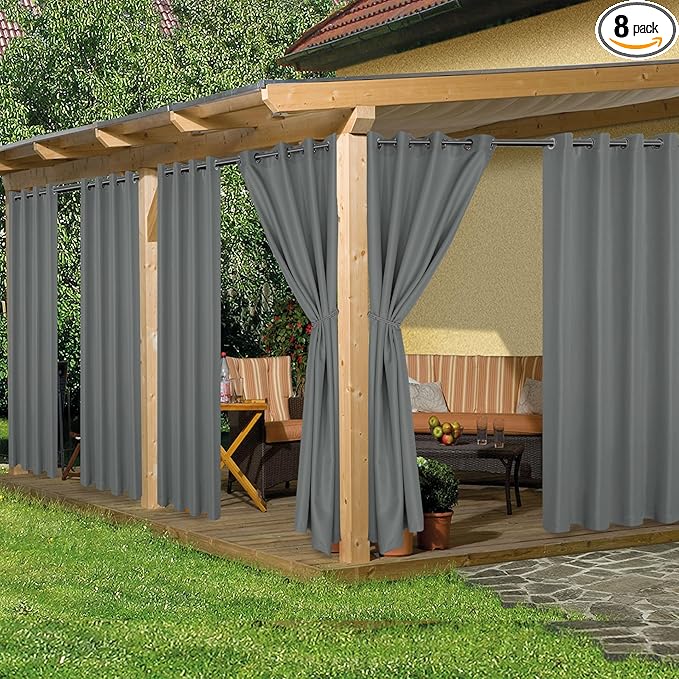 HolidayIdeas Outdoor Curtains for Patio Waterproof, 8 Panels - 54x84 Inches - Weatherproof Privacy Outsides Curtains for Cabana Porch Pergola, Sunlight & UV Blocking (Grey, Grommet Top)