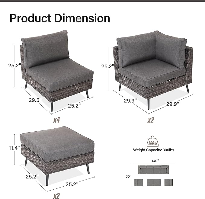 LAUSAINT HOME 8 Piece Outdoor Sectional Sofa PE Rattan Patio Conversation Sets, All Weather Patio Furniture Set with Thick Cushions for Garden, Poolside, Backyard (Grey)