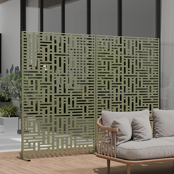 Casaphoria Metal Privacy Screen Outdoor, 72" H x 47" W Freestanding Decorative Privacy Screen for Patio Deck Balcony Garden with Stable Base, Green-Helen