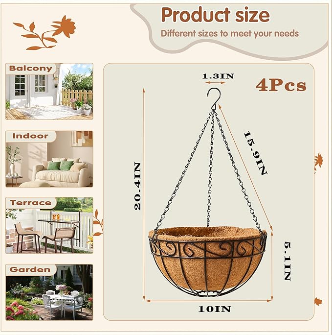 10 inch Metal Hanging Baskets For Plants Outdoor 4 Pack Round Metal Wire Hanging Basket Planter with Coco Fiber Liners Chain Round Wire Plant Holder for Garden, Patio, Deck, Porch Plants Flower Potsss