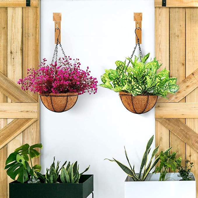 Macrame Plant Hanger, Hanging Wall Planters for Indoor Plants, Wooden Hanging Basket Hooks for Outdoor Pots Wind Chime Flower Bracket Lanterns Patio Garden Decoration (2-Pack,5-Inch)