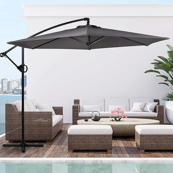 Shintenchi Patio Offset Umbrella with Easy Tilt Adjustment,Crank and Cross Base, Outdoor Cantilever Hanging Umbrella, Sunshade Free Standing Canopy, Dark Gray