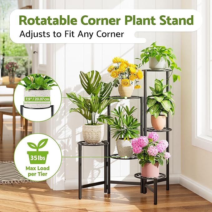 6 Tier Large Plant Stand Indoor with 7.9-Inch Wide Drainage Tray, Tiered Corner Metal Outdoor Flower Display Holder Shelf, Folding Tall Rack for House Patio Porch Balcony Graden - BlackS