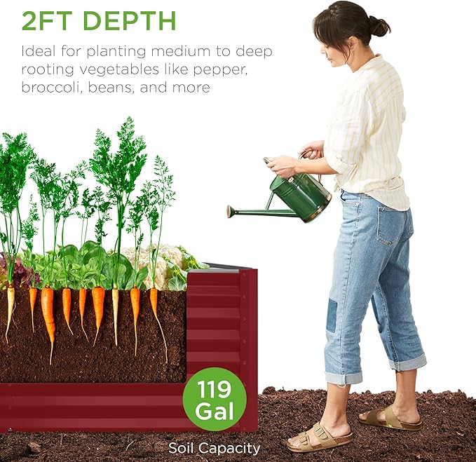 Best Choice Products 4x2x2ft Outdoor Metal Raised Garden Bed, Deep Root Box Planter for Vegetables, Flowers, Herbs, 119 Gallon Capacity, 100% Non Toxic Materials - Royal Red