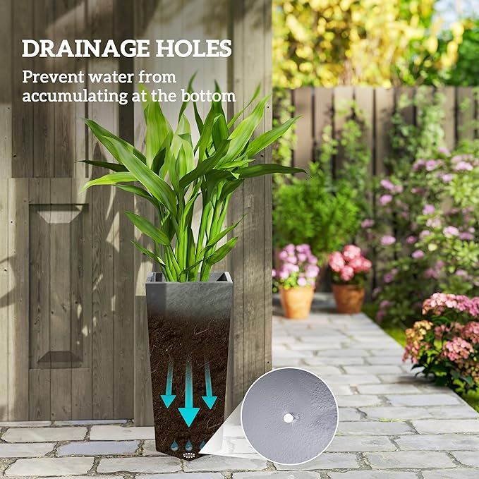 Outsunny Set of 3 Tall Planters, 28.75", 24.5", 20.5", MgO Indoor Outdoor Planters with Drainage Holes, Stackable Flower Pots for Garden, Patio, Balcony, Front Door, Gray