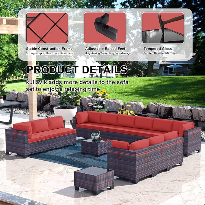 Kullavik 14 Pieces Outdoor Patio Furniture Set PE Wicker Rattan Sectional Sofa Patio Conversation Sets,Red