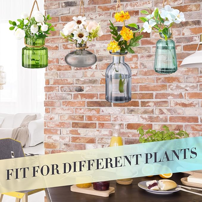 4 Pcs Stained Glass Hanging Vases Hanging Glass Planters Small Plant Terrarium Pot Containers with Rope for Garden Home Indoor Outdoor Decor, 4 Styles (Artsy)