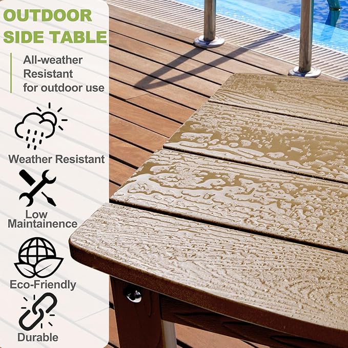 Y&M Outdoor Side Table, HIPS Adirondack Small Single Table, Waterproof Square Outside Table, Balcony Modern End Tables for Patio, Pool, Beach, Porch, Deck, Indoor or Outdoor Use, Brown