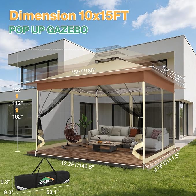 C0BIZI Gazebo 10x15 Pop up Canopy,Gazebos on Clearance-Canopy Tent with Mosquito Netting for Lawn,Garden,Backyard & Patio-Outdoor Tent-Water Resistant and UPF50+ (Khaki)