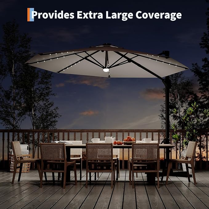 Garvee 10 ft Cantilever Patio Umbrella with Solar Lights, 360° Rotation Offset Umbrella, Easy Crank & Tilt Adjustment, UV Protection for Backyard, Poolside, Deck -Gray