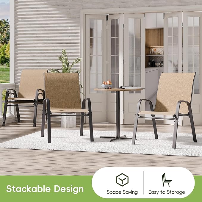 Patio Chairs Set of 4, Outdoor Dining Chairs Stackable for All Weather, Breathable Metal Modern Outside Furniture Chair for Pool Side, Garden, Backyard Deck, Brown