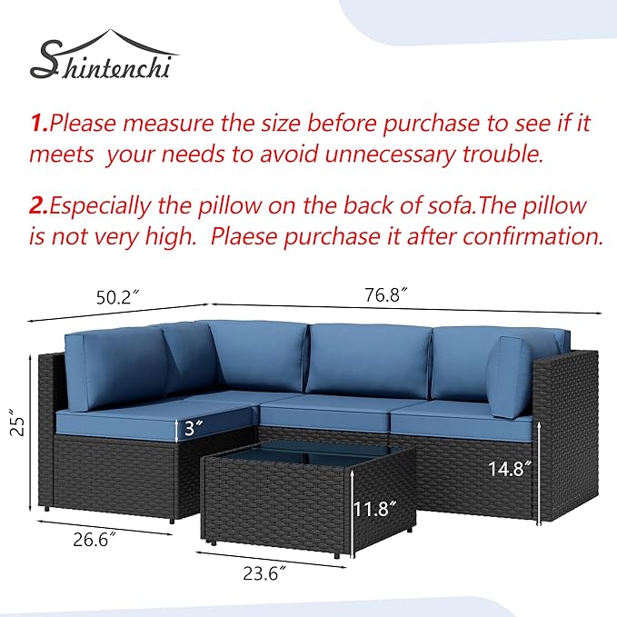 Shintenchi 5 Pieces Outdoor Patio Sectional Sofa Couch, PE Wicker Furniture Sets, Patio Conversation Sets with Washable Cushions Glass Coffee Table for Garden, Poolside, Backyard, Aegean Blue