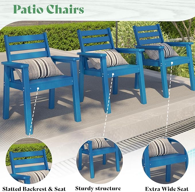 AMERLIFE 7-Piece HDPE Outdoor Dining Set with Umbrella Hole, 71" L Patio Table and Chairs Set for 6, Modern Garden Dining Set for Backyard, Poolside, Porch, Seaside, Blue