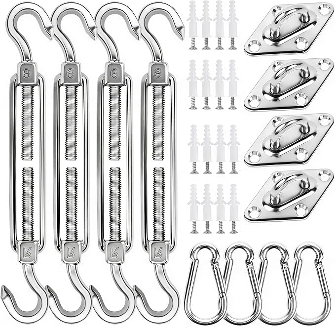 yofit 44 Pcs Shade Sail Hardware Kit, 6 Inch Outdoor Sun Sail Accessories, 304 Stainless Steel Turnbuckles & Brackets for Triangle/Rectangle Sails, Patio Canopy Installation Hardware Set Waterproof