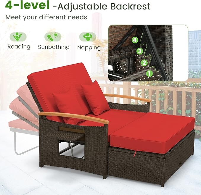 Tangkula Patio Rattan Daybed with 4-Level Adjustable Backrest, Outdoor Wicker Loveseat with Acacia Wood Armrest, Storage Ottoman & Folding Tray, Double Sunbed for Balcony, Backyard & Poolside, Red