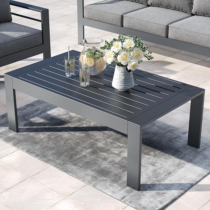 Outdoor Rectangle Patio Aluminum Coffee Tables for Outside, All Weather Patio Slatted Tabletop for Indoor or Outdoor Use