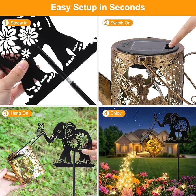 Solar Watering Can Lights Outdoor Decor with Elephant Stake & Fairy Silhouettes, Cascading String Lights for Garden, Patio, Yard - Waterproof Solar Powered Gift for Mom, Housewarming, Birthday
