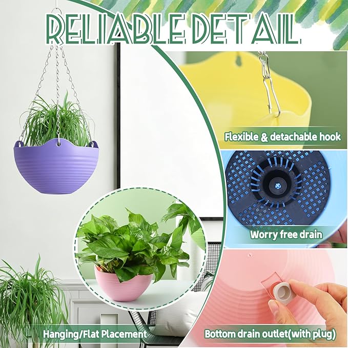 Bvrbaory 8 Pack Multicolor Hanging Planter Pots,8 Colors Garden Hanging Planters,Round Hanging Basket Pot for Indoor Outdoor Garden,Home Decor,with Water Tray Metal Chain