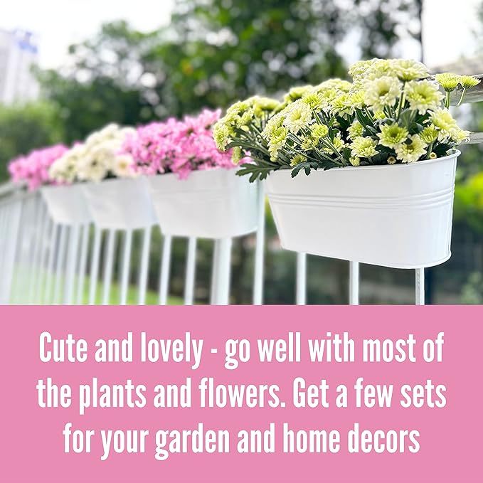 LaLaGreen Rail Planter Outdoor (6 Pack, 11.8 Inch) White Metal Iron Hanging Flower Pots Deck Railings Fence Buckets Modern Countryside Boho Style Wall Mount Window Box Plant Holder Hooks Porch Decor
