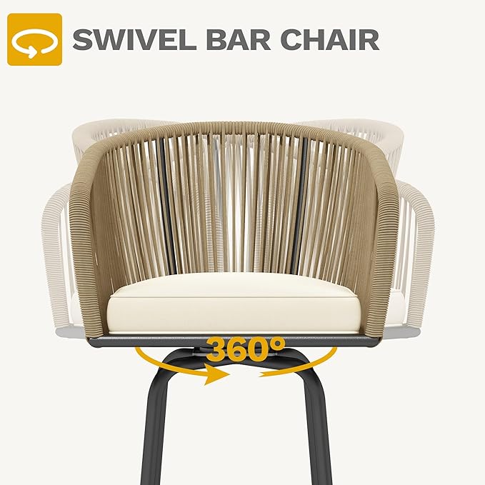 DWVO Outdoor Counter Height Bar Stools Set of 4, Patio Swivel Bar Chairs with Soft Cushions, 360° Rotation, Bar Height Rattan Chairs for Backyard, Poolside, Garden, Beige