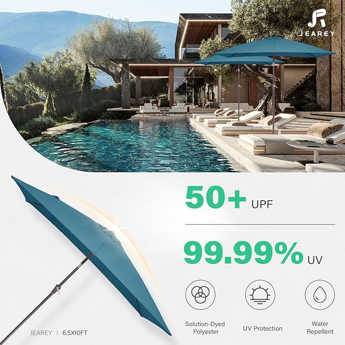 JEAREY 6.5x10 ft Rectangular Patio Umbrellas Rectangle Outdoor Umbrella with Push Button Tilt and Crank, Market Table Umbrella 6 Sturdy Ribs UV Protection for Poolside Garden Backyard Deck, Lake Blue