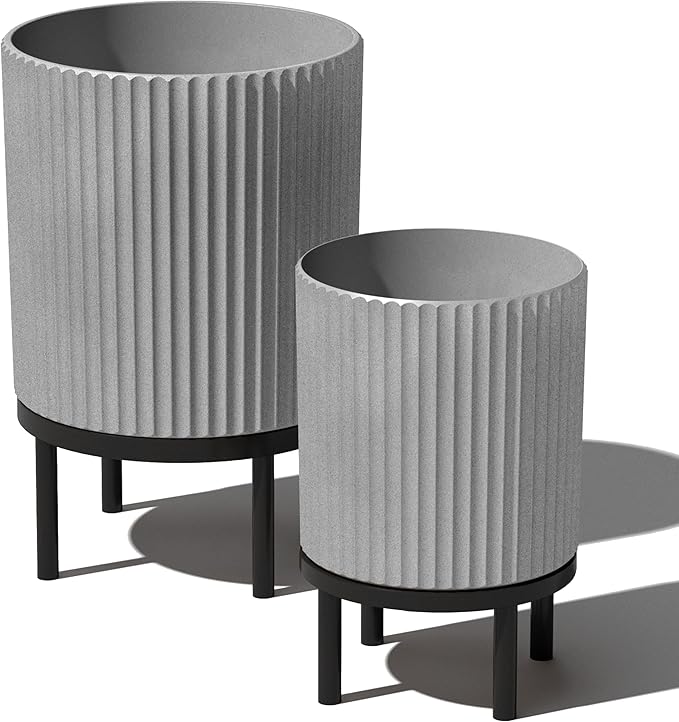 Veradek Demi Series Round Planter w/Stand for Porch/Patio | Durable Plastic-Stone Composite & Wooden Stand | Modern Décor for Tall Plants, Flowers