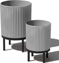 Veradek Demi Series Round Planter w/Stand for Porch/Patio | Durable Plastic-Stone Composite & Wooden Stand | Modern Décor for Tall Plants, Flowers