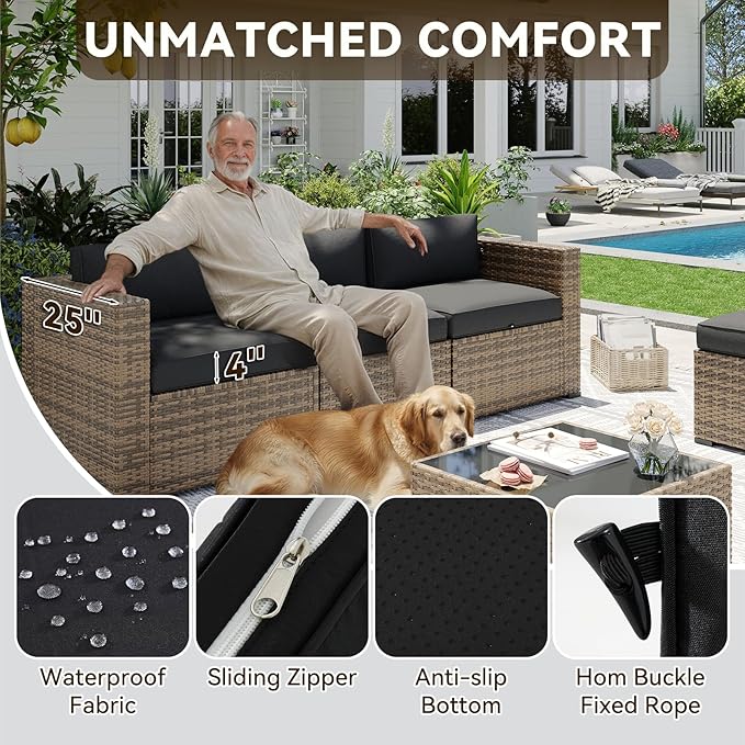 Aoxun Patio Furniture Sets, 15-Piece Outdoor Patio Furniture with 44'' Propane Gas Firepit Table, Wicker Outdoor Conversation Set Sectional Sofa for Backyard, Poolside, Garden