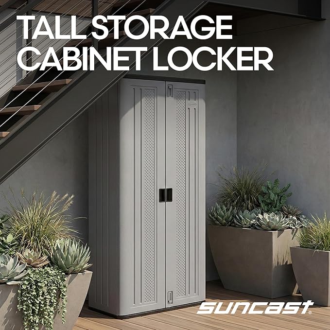 Suncast Tall Storage Cabinet, Platinum Resin Garage Storage Cabinet with Doors & Shelves, Plastic, Lockable, Freestanding Utility Closet for Tools & Supplies, Made in USA