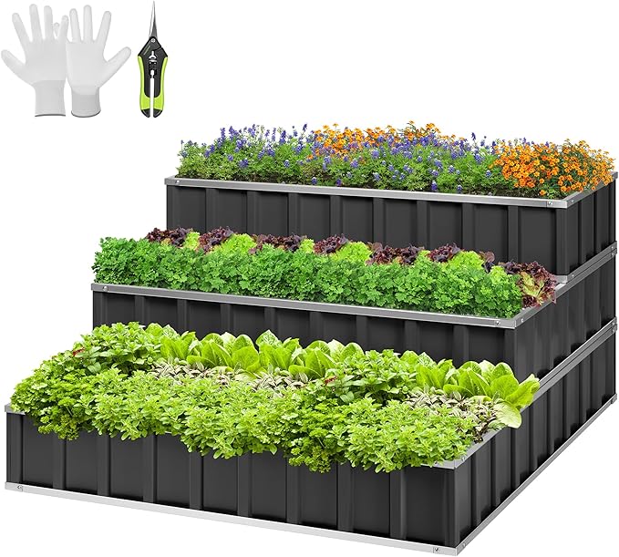 VIVOSUN 3-Tier Metal Raised Garden Bed, 46" x 46" x 24" Galvanized Steel Metal Outdoor Planter Box with Gloves and Scissors to Grow Flowers, Vegetables and Herbs for Outdoor Gardening, Dark Gray