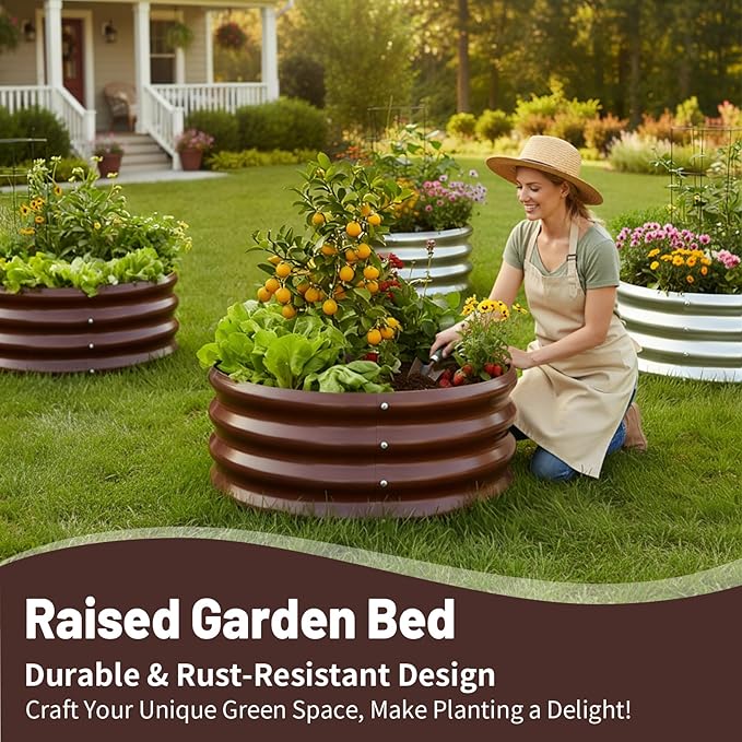 GOOZOO Galvanized Planter Raised Garden Beds, 2x2x1ft Raised Garden Bed Kit for Gardening Outdoor, Round Metal Land Planter Box for Vegetables, Fruits, Flowers（Brown）