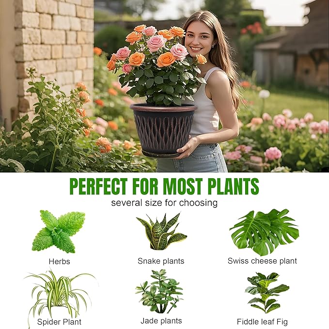 Usocik 4 Pack 10 Inch Retro Plant Pots, Vintage Striped Flower Pots with Drainage Hole & Saucer, Large Plastic Planters for Indoor and Outdoor Plants, Decorative Garden Pots(Copper)
