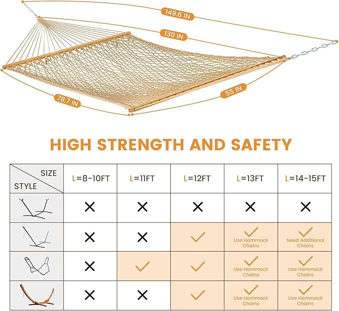 Lazy Daze Hammocks Double Rope Hammock, 2 Person Traditional Outdoor Hand Woven Cotton Rope Hammock with Spreader Bar, Carabiners, Tree Straps, Chains for Patio Yard - Max 450 Lbs, Tan